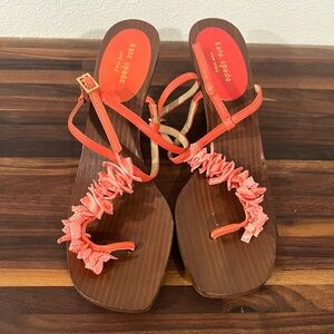 Kate Spade T Strap Slingback Seashell Kitten Heel Wooden Sandals Brown & Coral